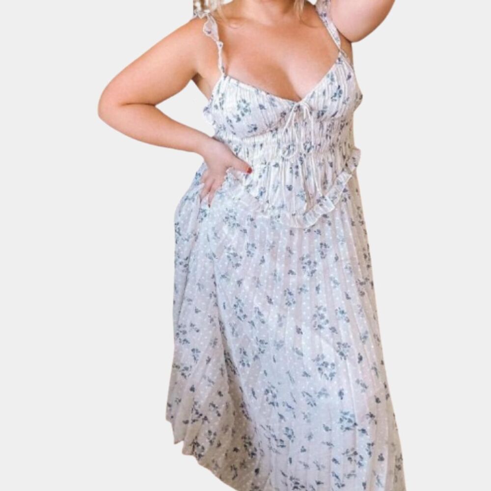 Pleated Blue and White Ditsy Floral Midi Dress